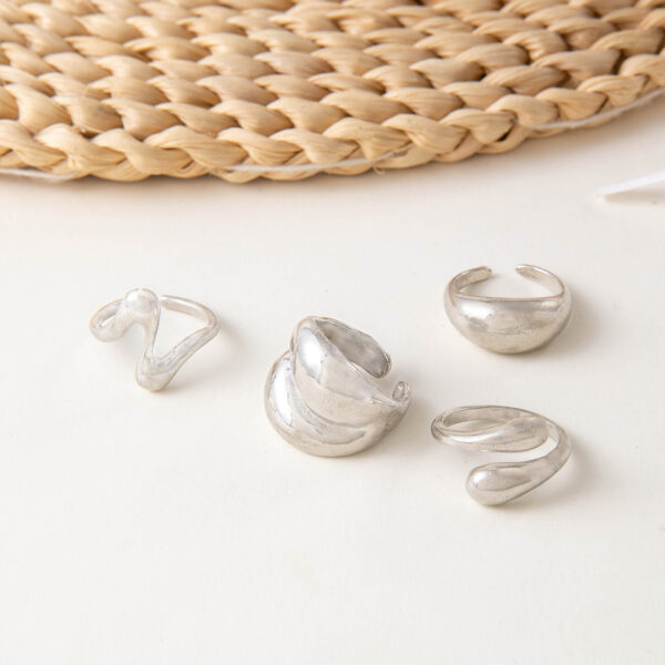 Cross Border Geometric Metallic Lava Lines Four-piece Ring Set Irregular Smooth Opening Ring Suit - Image 3