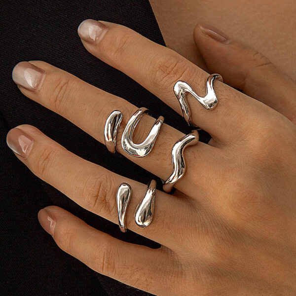 Cross Border Geometric Metallic Lava Lines Four-piece Ring Set Irregular Smooth Opening Ring Suit - Image 4